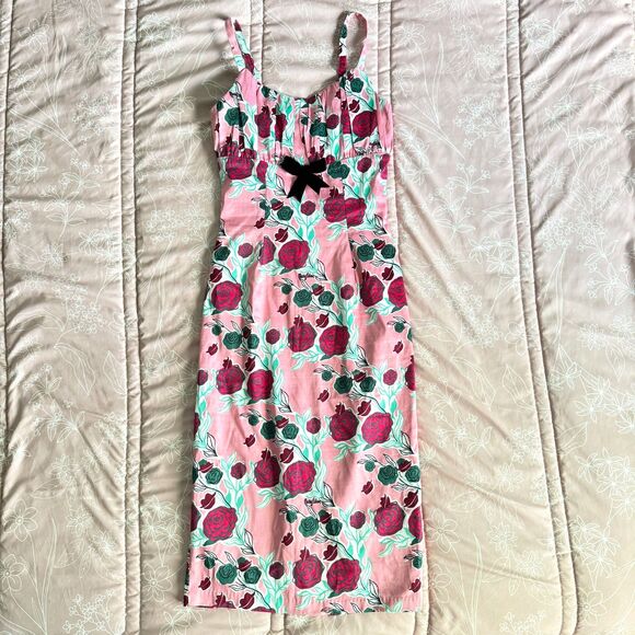 Pinup Couture Dresses & Skirts - Mary Blair Pinup Couture Dress Pink Rose Floral Print Black Velvet Bow Size S